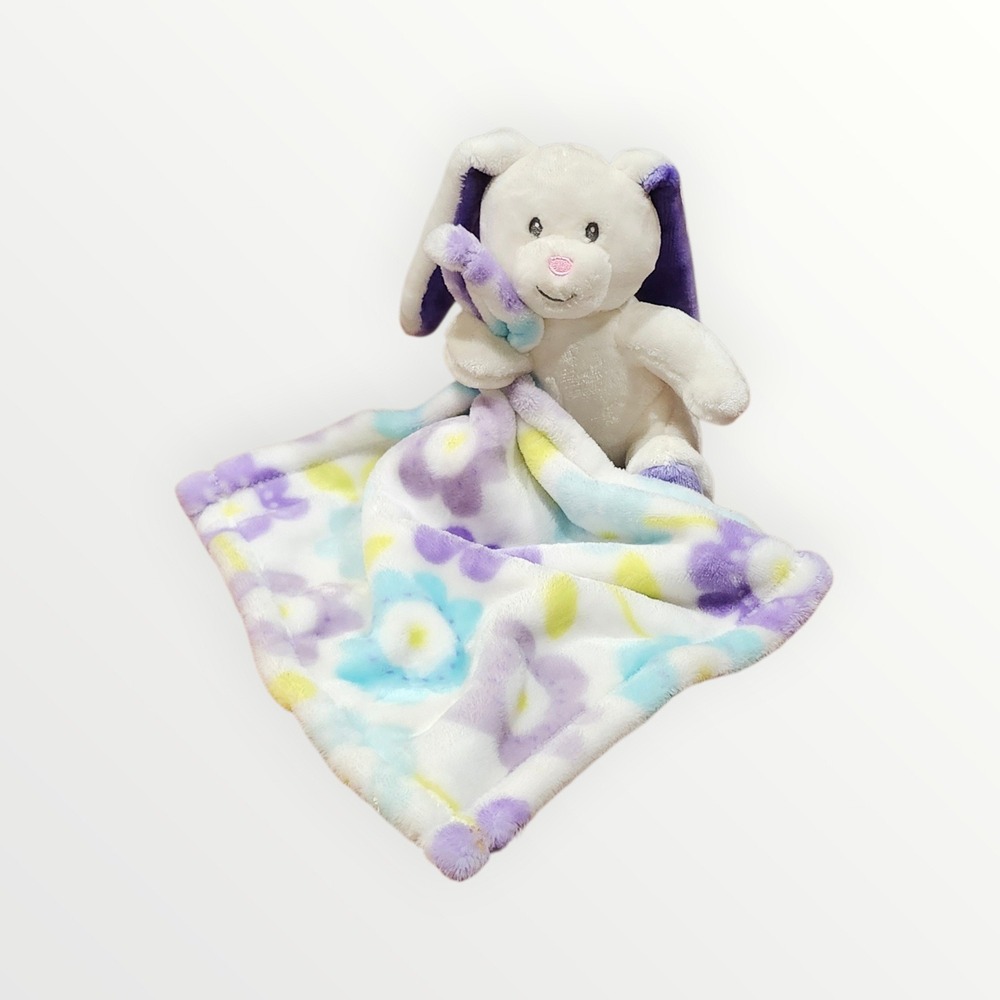 Little Miracles White Bunny Rabbit Lovey Security Blanket Purple Blue Floral